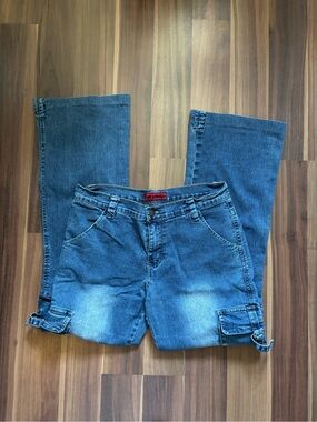 Women’s Boot Cut Jeans in Medium Blue with Cargo Tabs